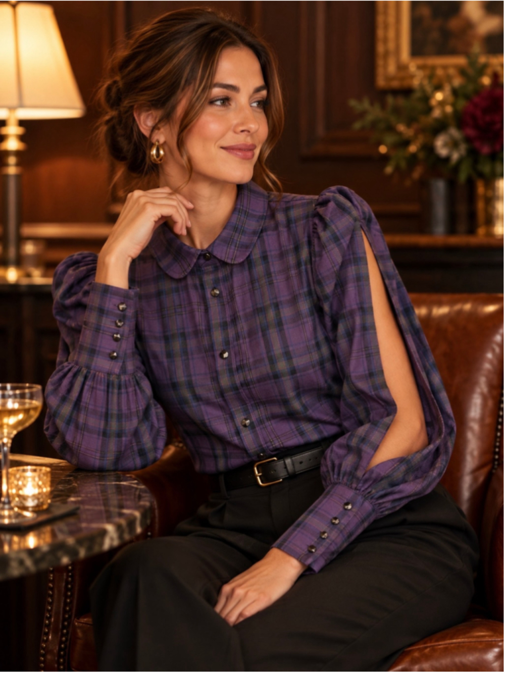 Vintage Ralph Lauren Rugby Purple Plaid Flannel Puff Split Sleeve Blouse 10 NWT